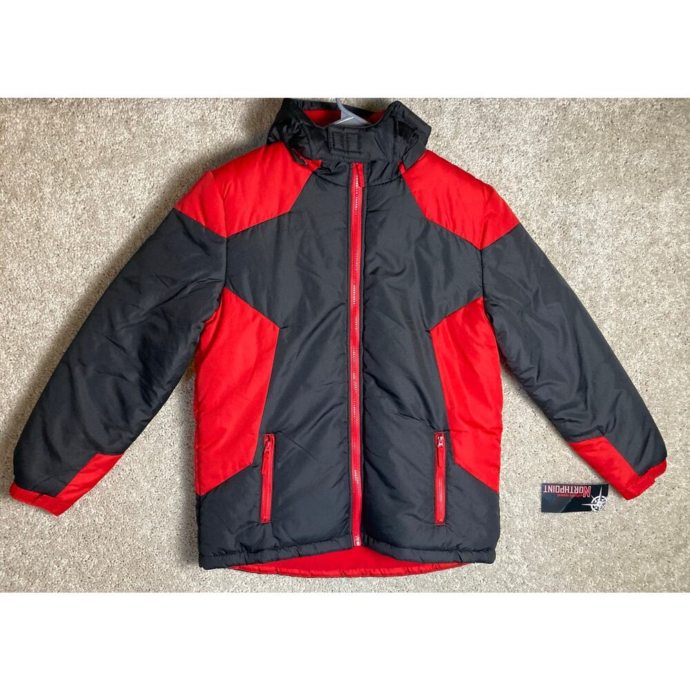 New Northpoint Authentic Apparel Kids Jacket Coat Size L 14/16 Hood Red Black